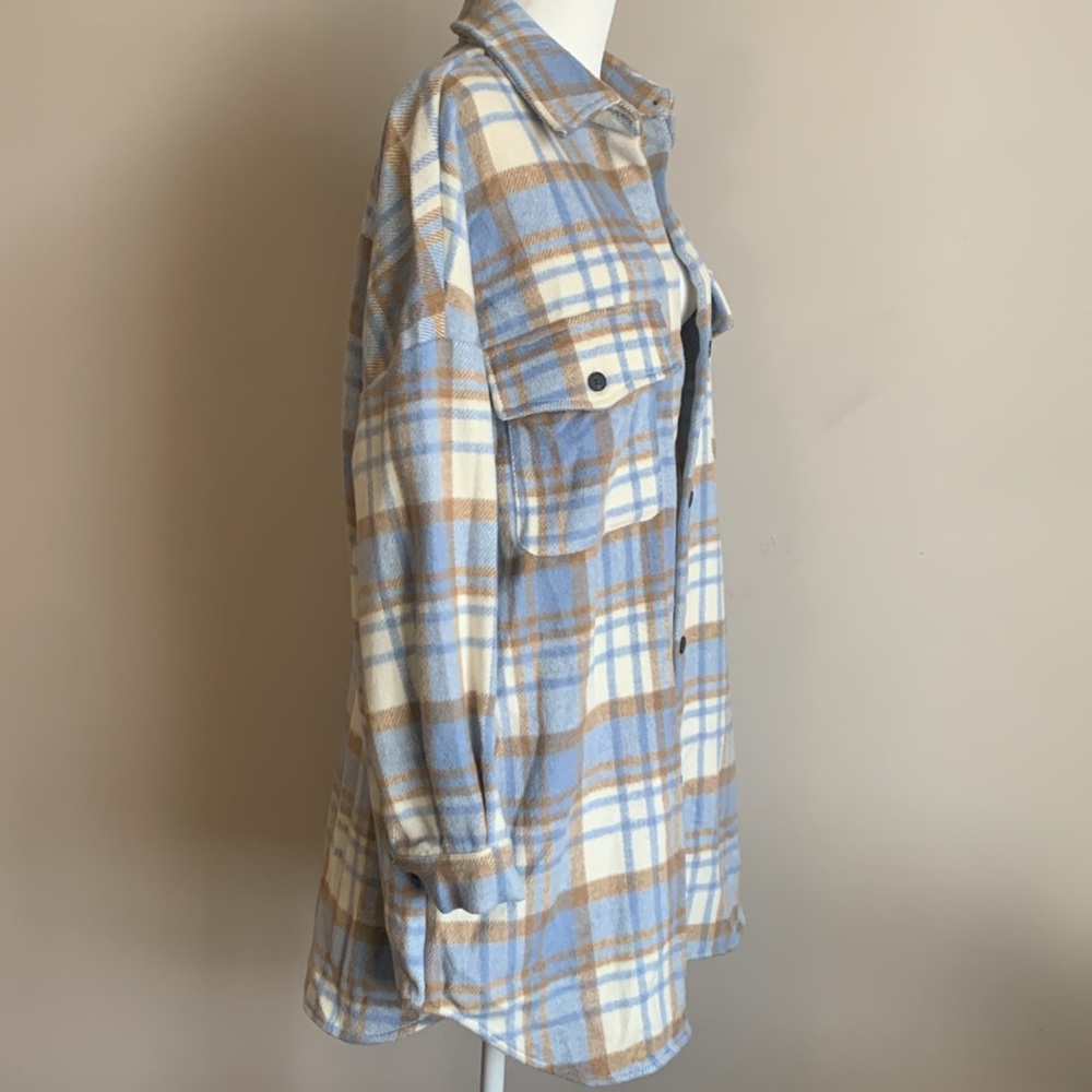 Flannel Plaid Button Down Shirt Medium Blue White Womens Long Sleeve Casual - Picture 3 of 5